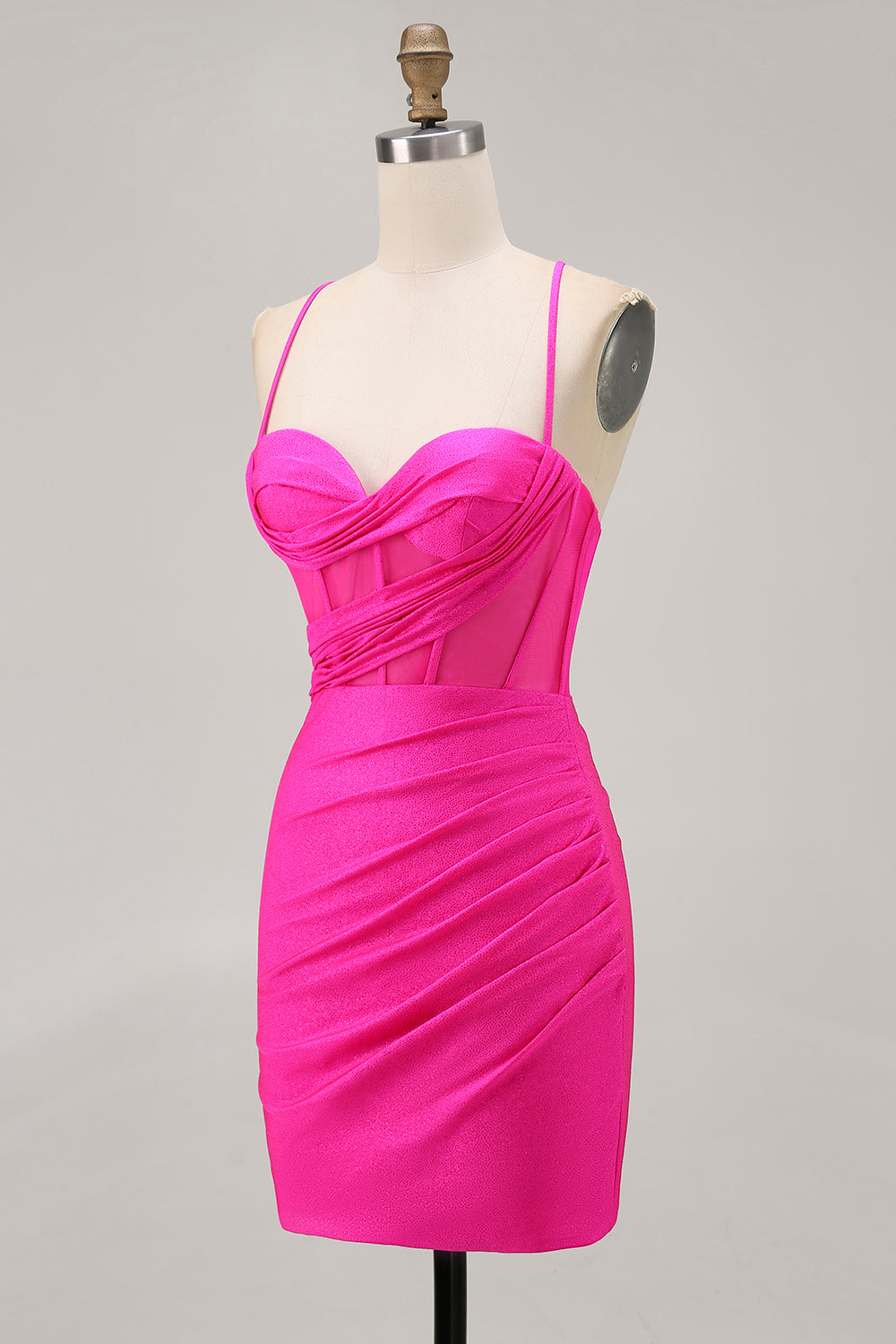 Fuchsia Ruched Spaghetti Straps Tight Short Corset Homecoming Dress