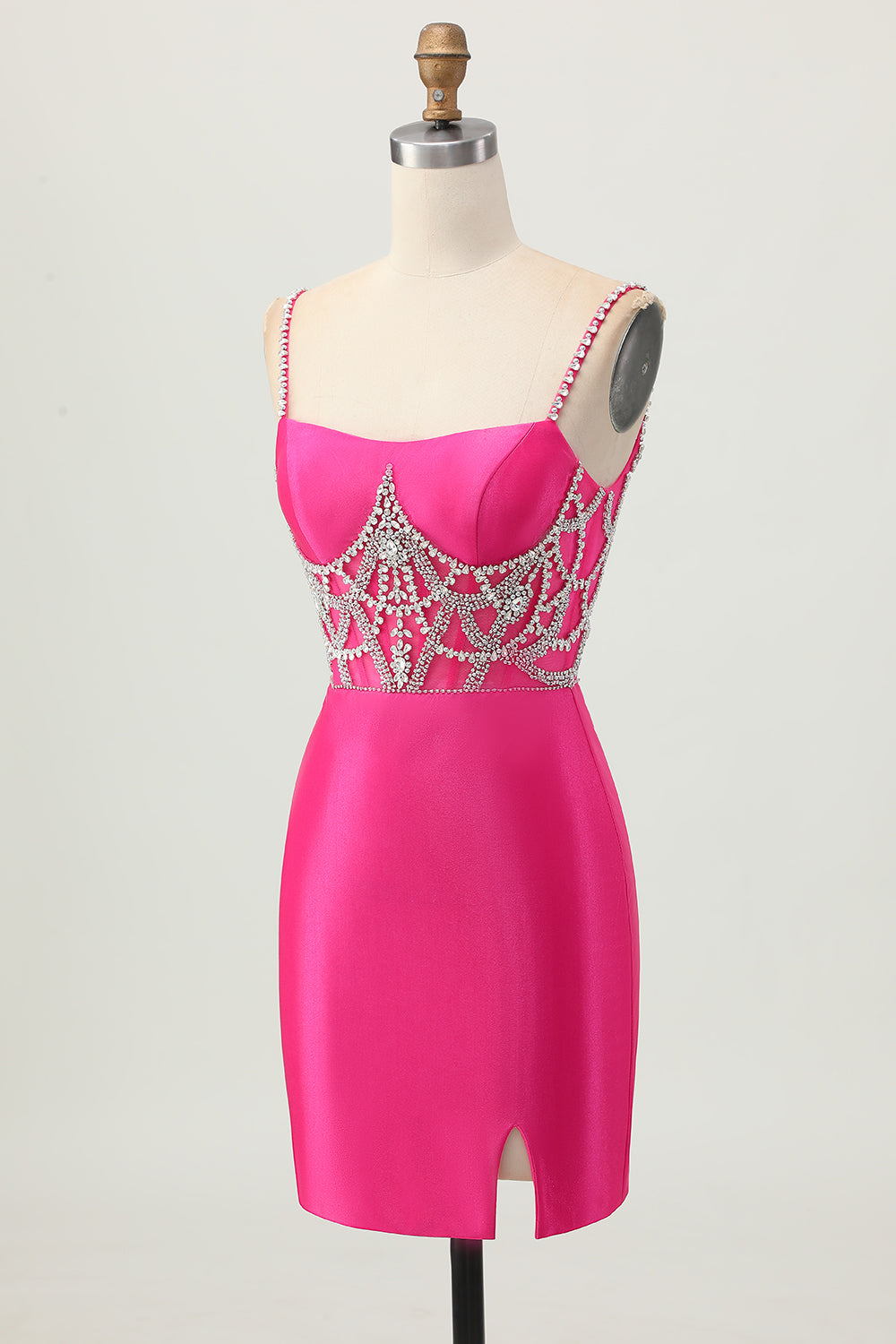 Sparkly Fuchsia Corset Tight Satin Short Homecoming Dress with Beading