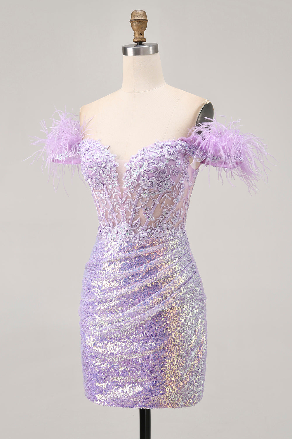Sparkly Lilac Floral Sequins Tight Short Corset Homecoming Dress with Feathers