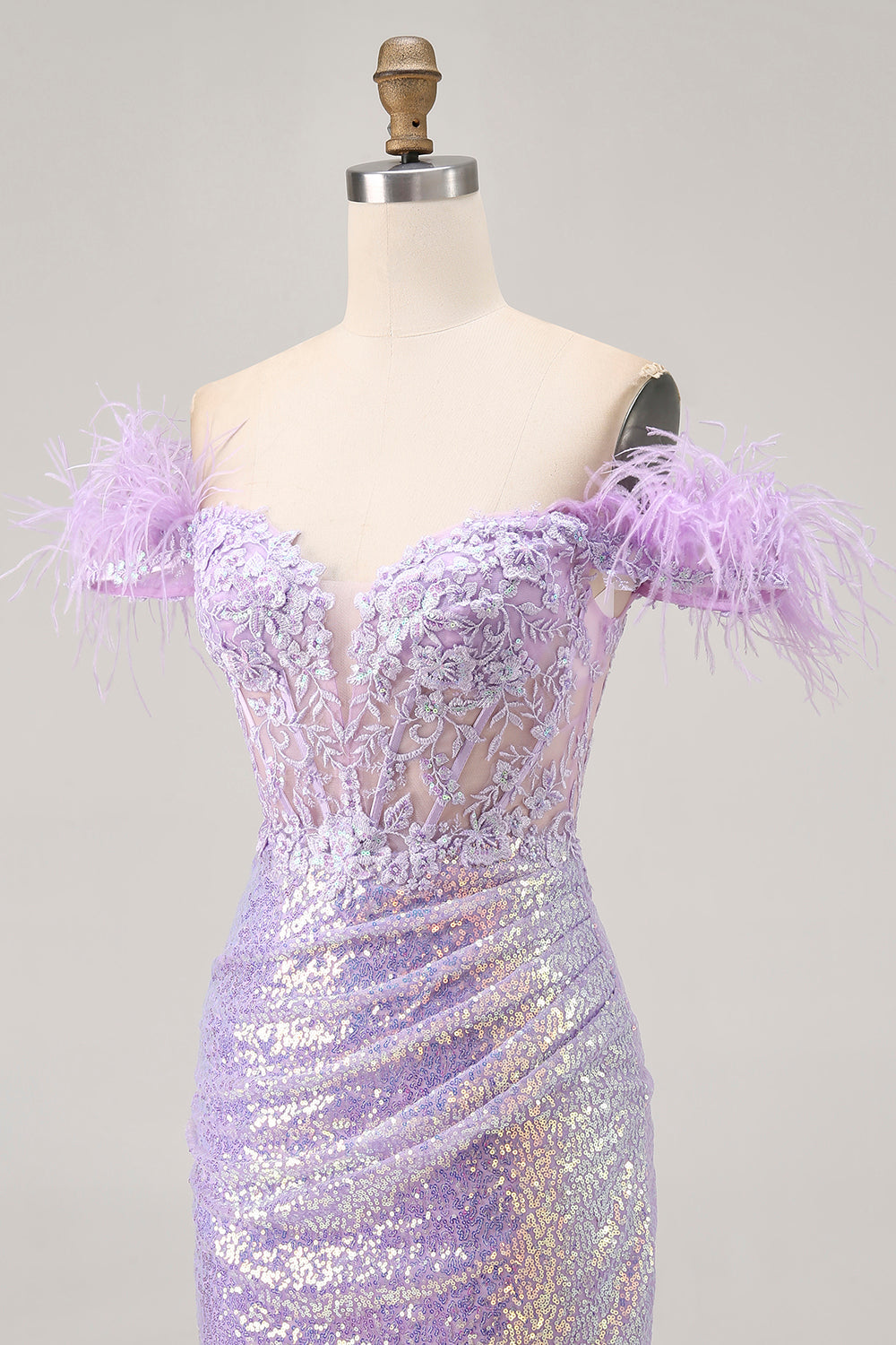 Sparkly Lilac Floral Sequins Tight Short Corset Homecoming Dress with Feathers