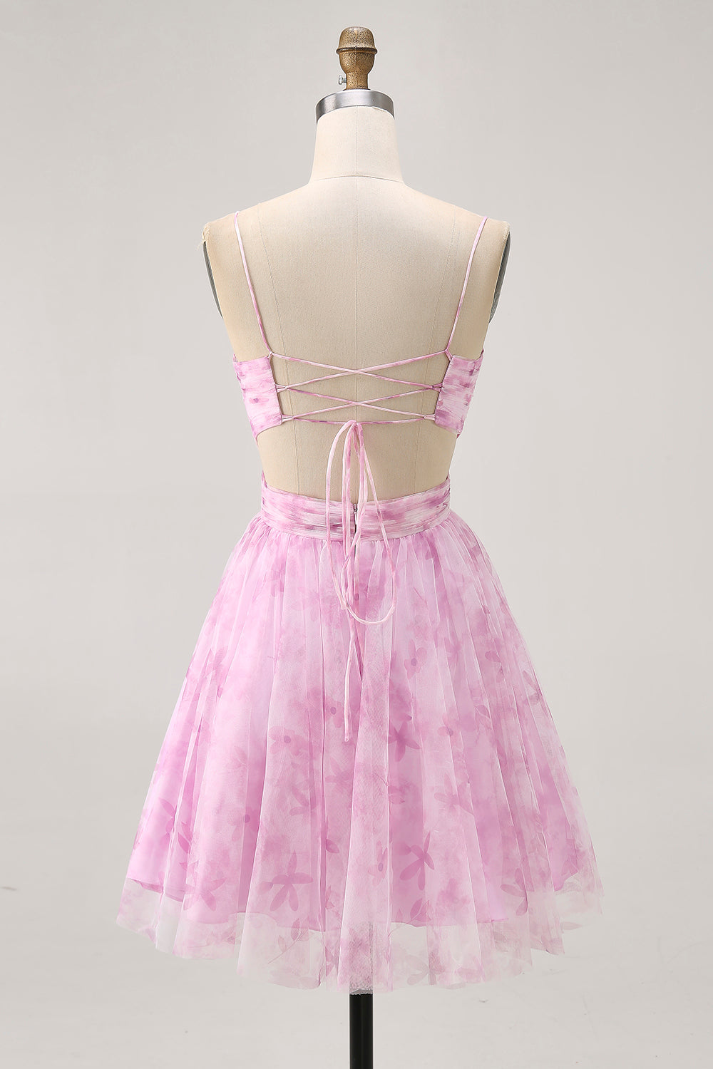 Pink Floral Ruched Lace-Up Back Short Homecoming Dress