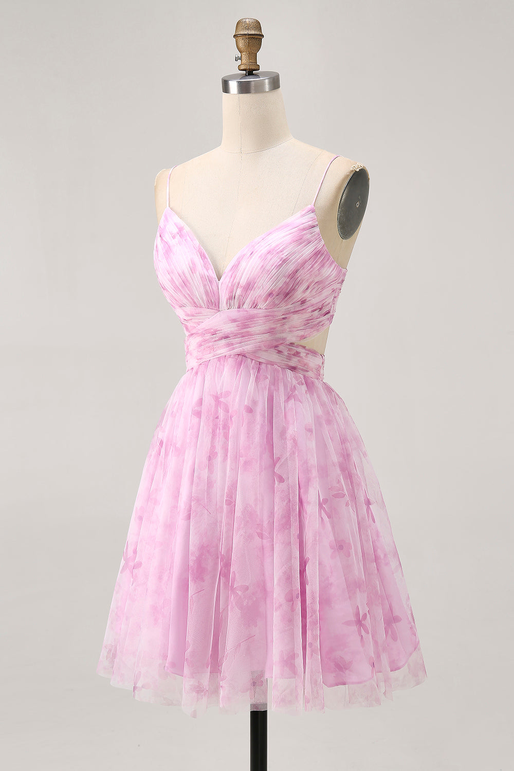 Pink Floral Ruched Lace-Up Back Short Homecoming Dress