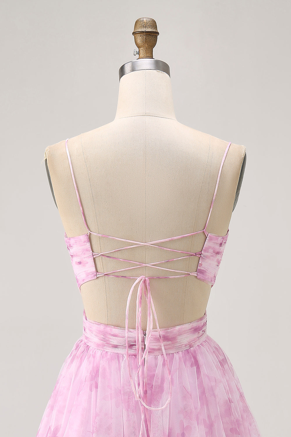 Pink Floral Ruched Lace-Up Back Short Homecoming Dress