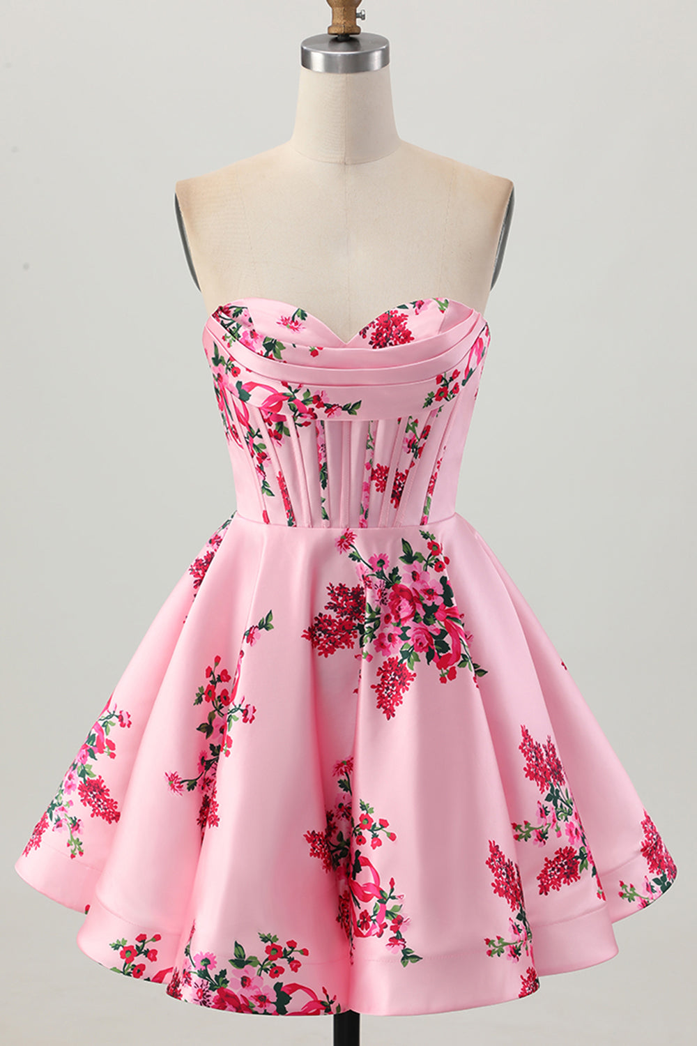 Pink Corset Floral Sweetheart Short Satin Homecoming Dress