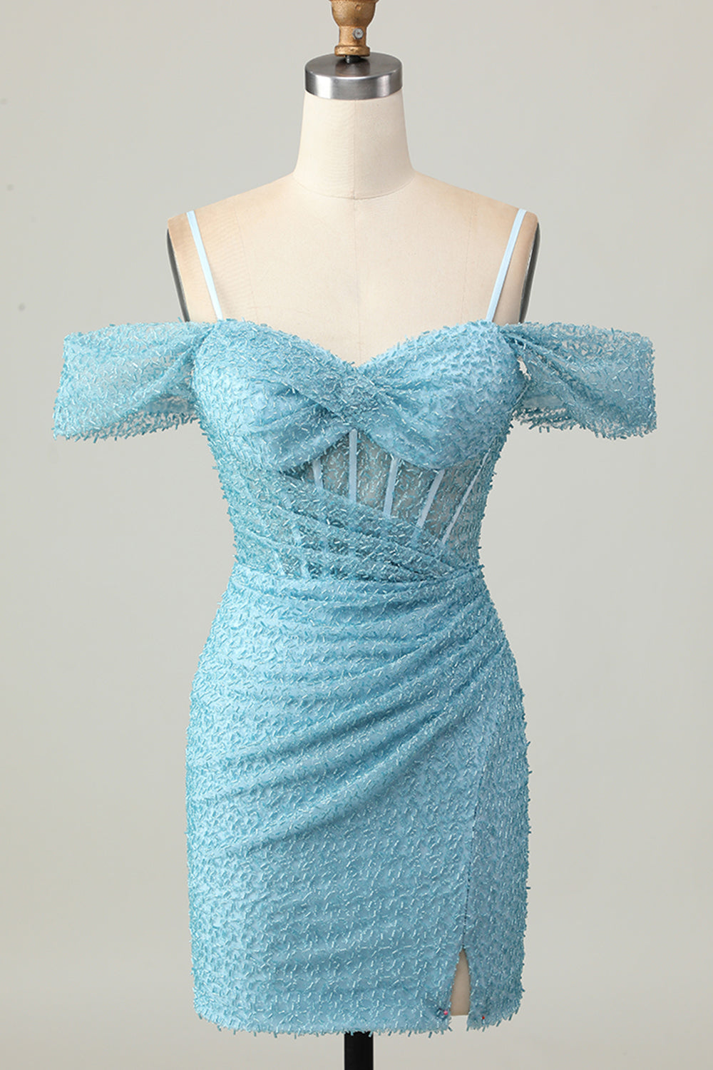 Sparkly Blue Tight Corset Cold Shoulder Short Homecoming Dress