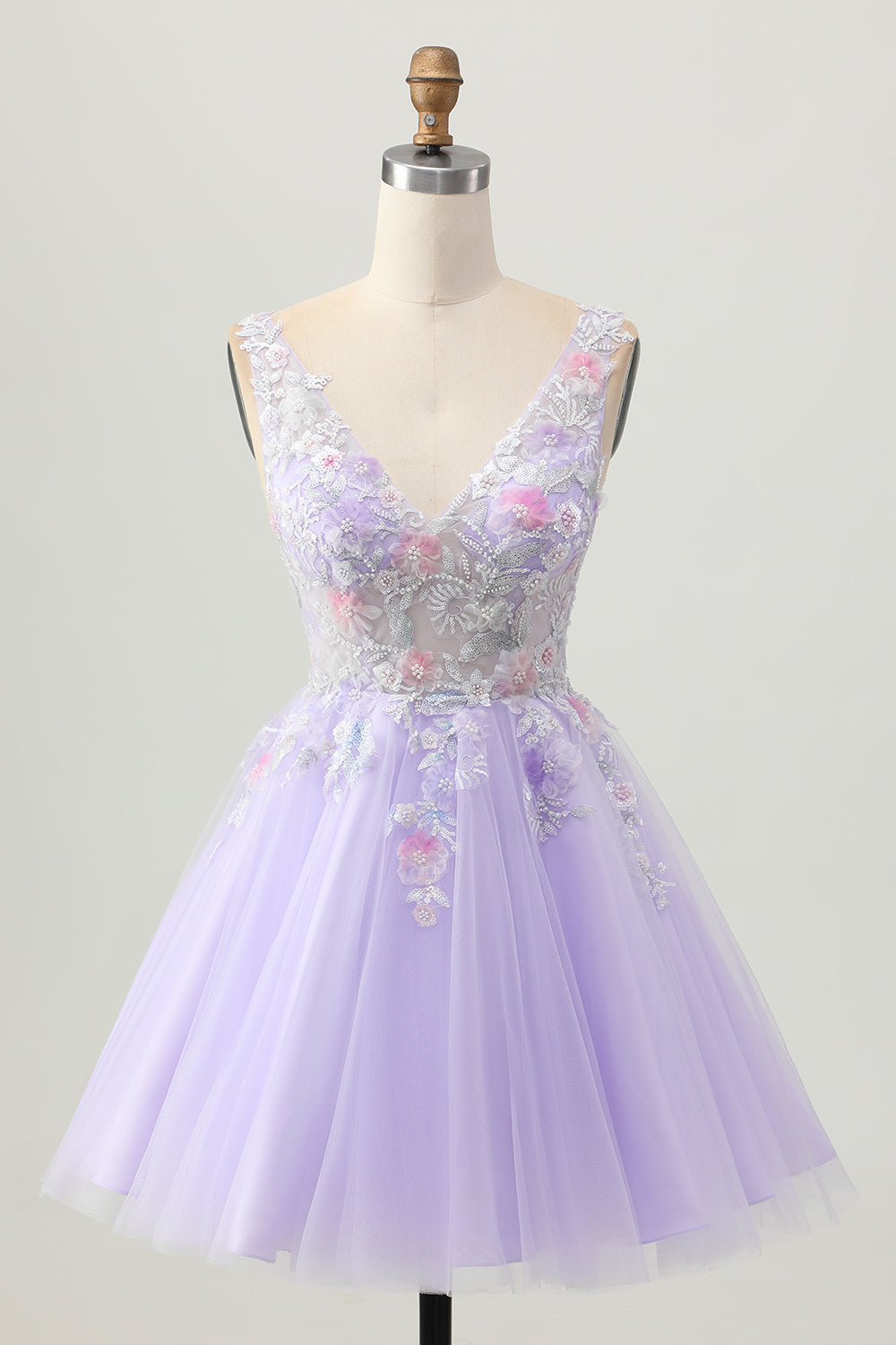 Sparkly Lilac V-Neck Floral Tulle Short Homecoming Dress with Beading