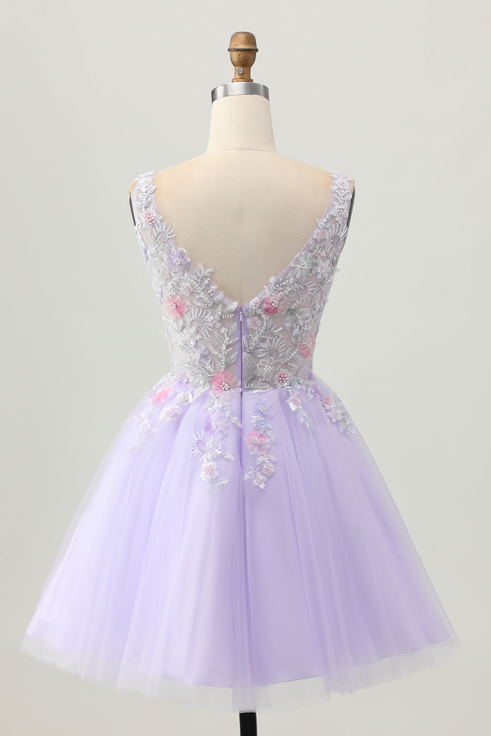 Sparkly Lilac V-Neck Floral Tulle Short Homecoming Dress with Beading