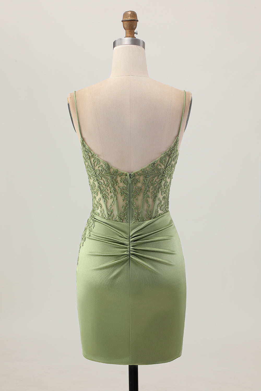 Sage Green Satin Corset Spaghetti Straps Short Homecoming Dress with Lace