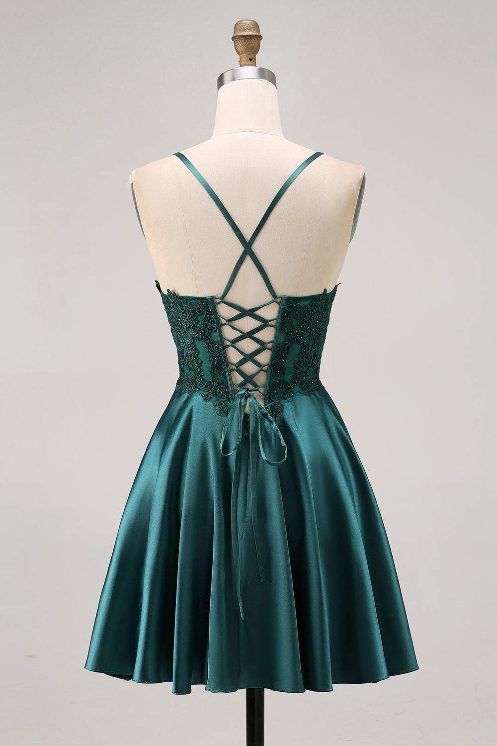 Sparkly Dark Green Appliqued Satin Short Corset Homecoming Dress