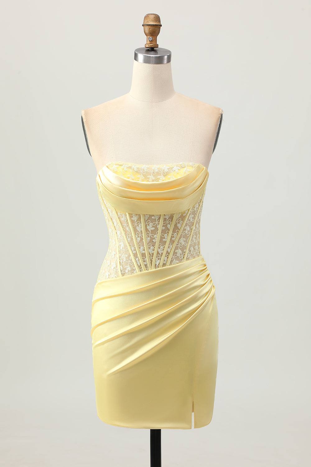 Yellow Strapless Corset Tight Short Homecoming Dress with Lace