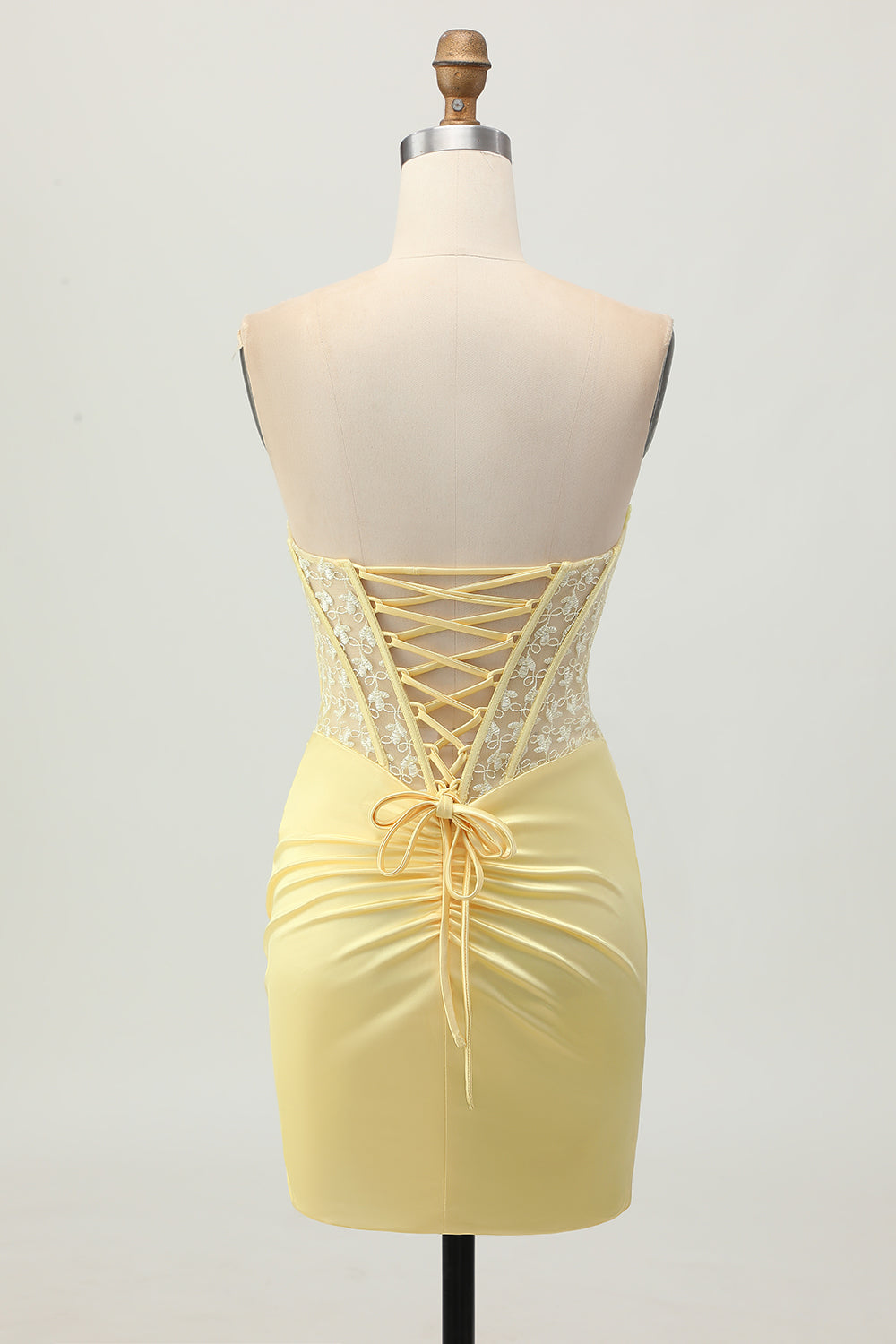 Yellow Strapless Corset Tight Short Homecoming Dress with Lace