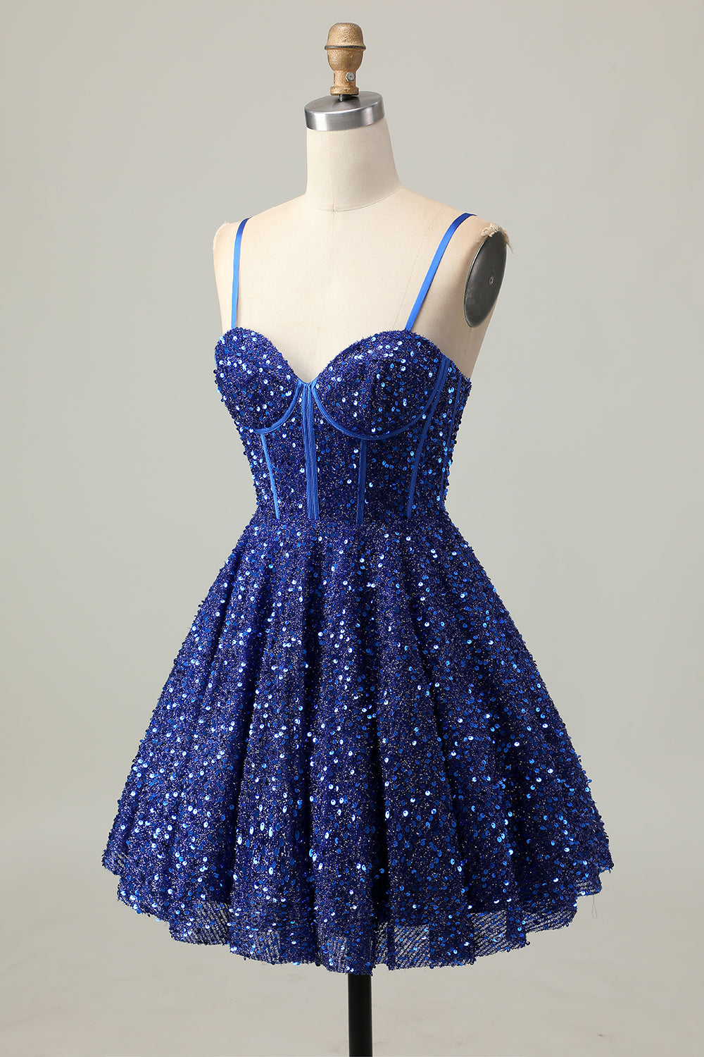 Sparkly Dark Blue Sequin Corset A Line Short Homecoming Dress