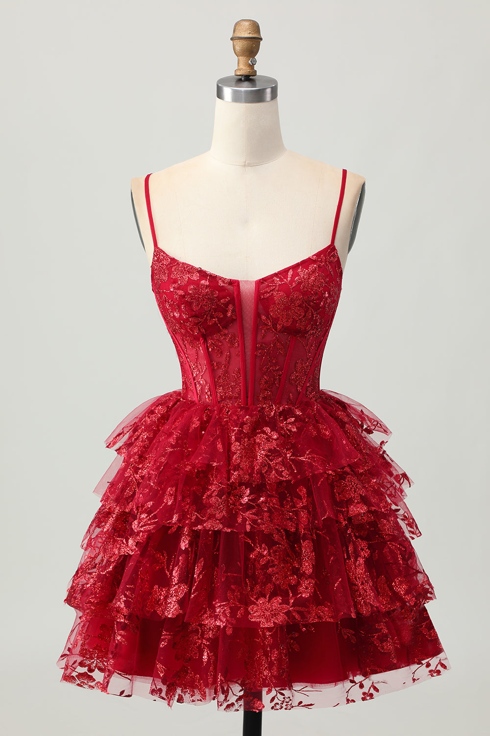 Sparkly Dark Red Corset A Line Short Tiered Homecoming Dress with Lace