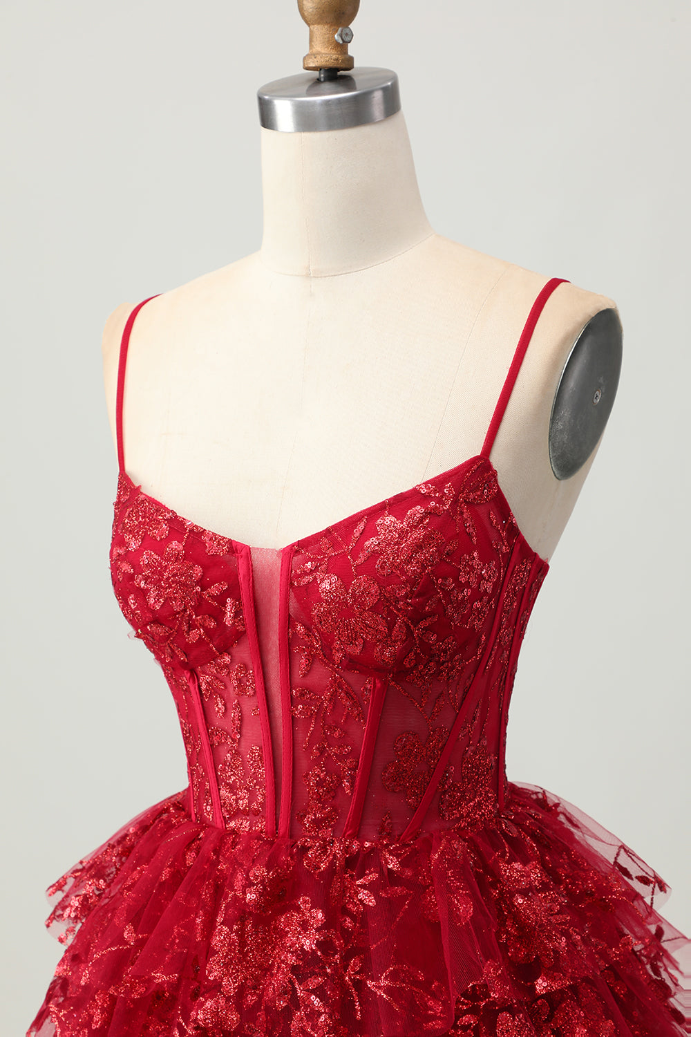 Sparkly Dark Red Corset A Line Short Tiered Homecoming Dress with Lace
