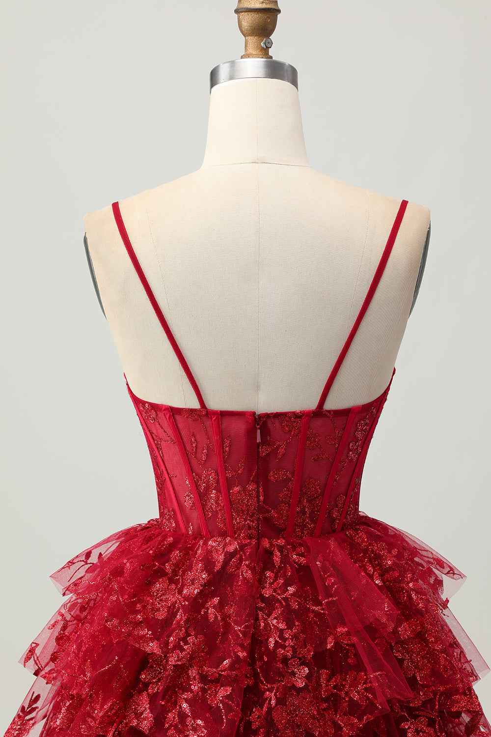 Sparkly Dark Red Corset A Line Short Tiered Homecoming Dress with Lace