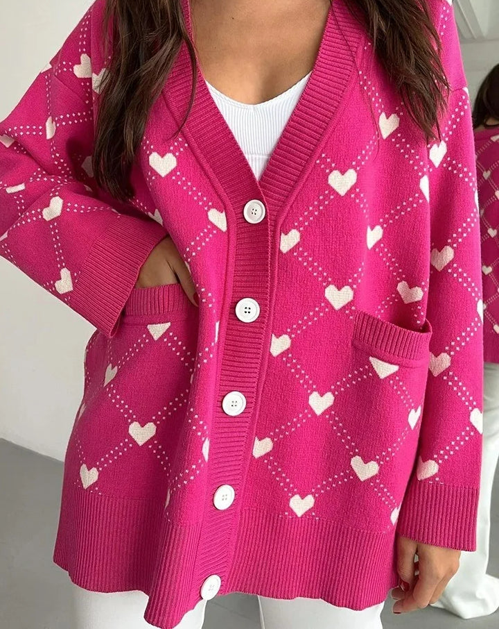 V-neck Heart Pattern Pocket Cardigan 2