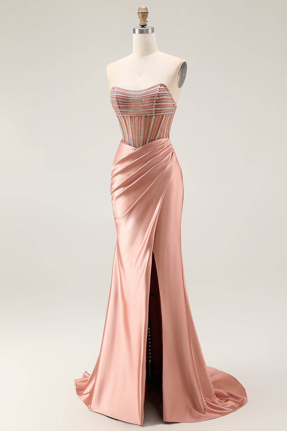 Mermaid Corset Beaded Strapless Blush Long Prom Dress With Slit