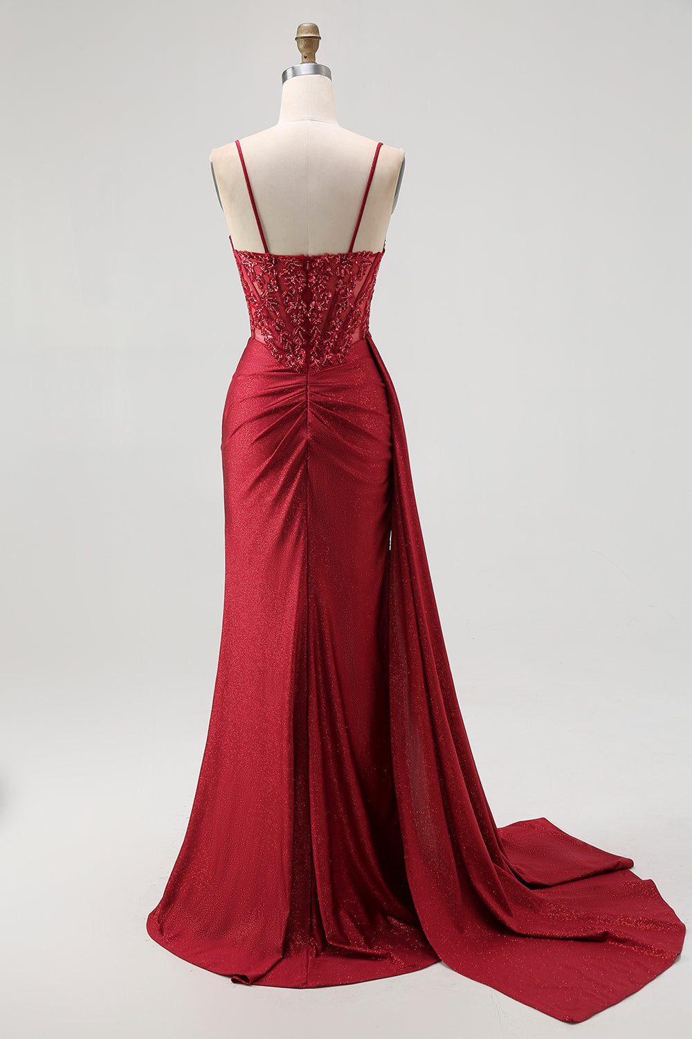 Sparkly Navy Spaghetti Straps Mermaid Long Corset Prom Dress with Beading