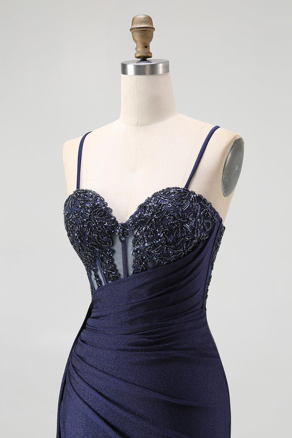 Sparkly Navy Spaghetti Straps Mermaid Long Corset Prom Dress with Beading