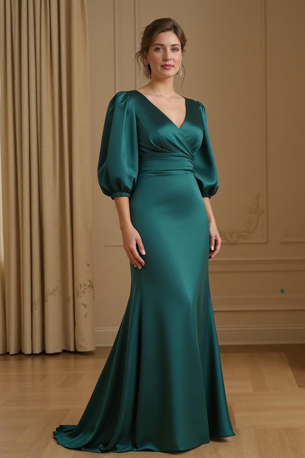 Navy Satin Mermaid V-Neck Long Wedding Guest Dress with Sleeves