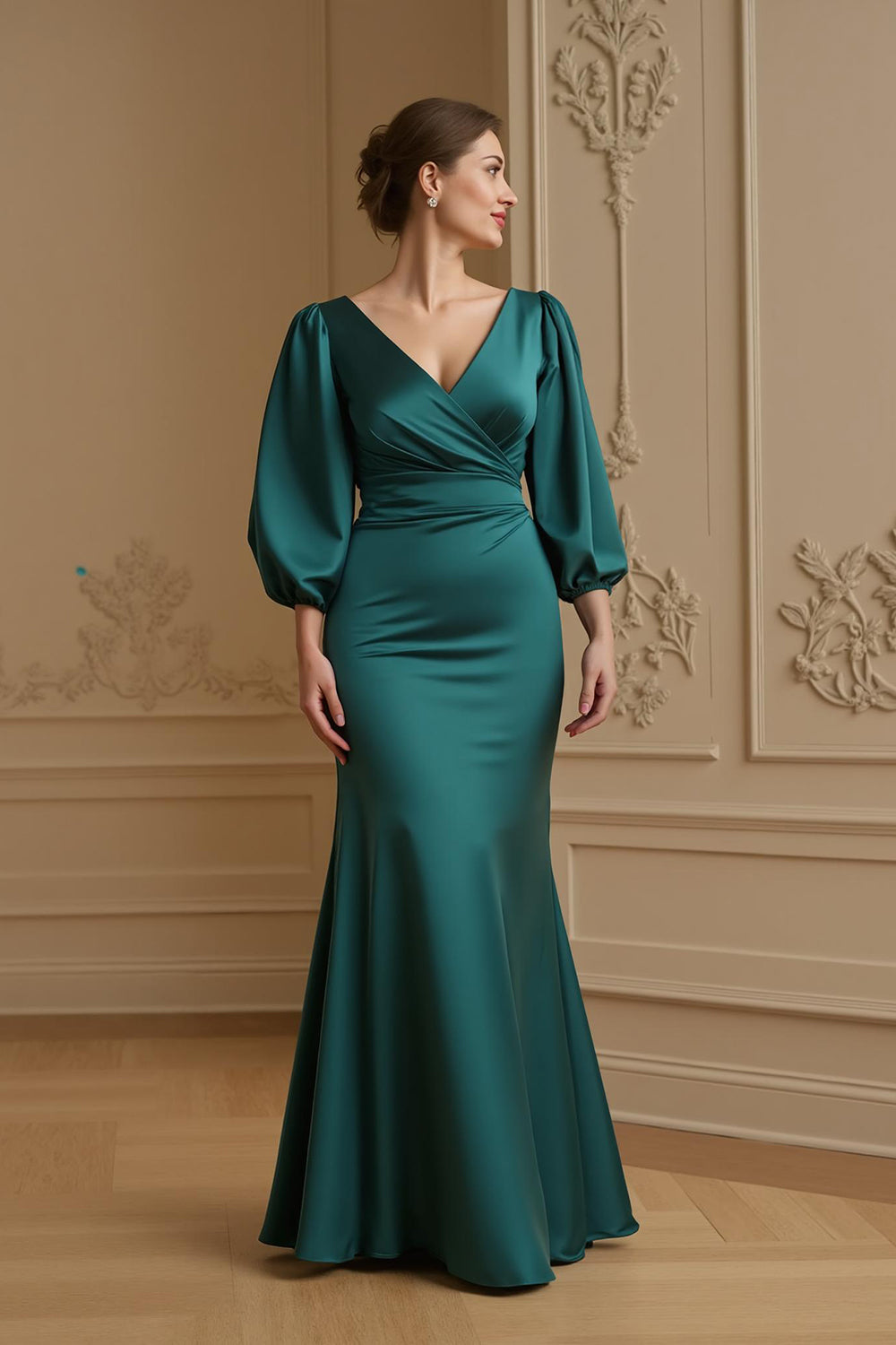 Navy Satin Mermaid V-Neck Long Wedding Guest Dress with Sleeves