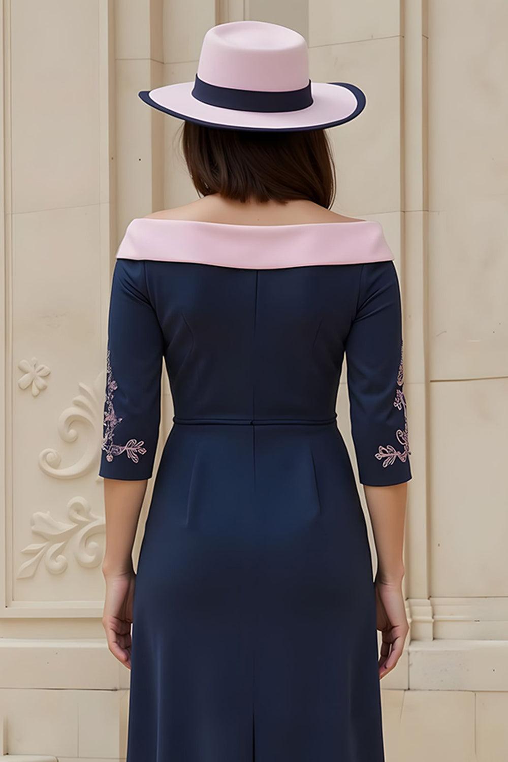 Navy Satin Sheath Off The Shoulder Midi Wedding Guest Dress with Sleeves