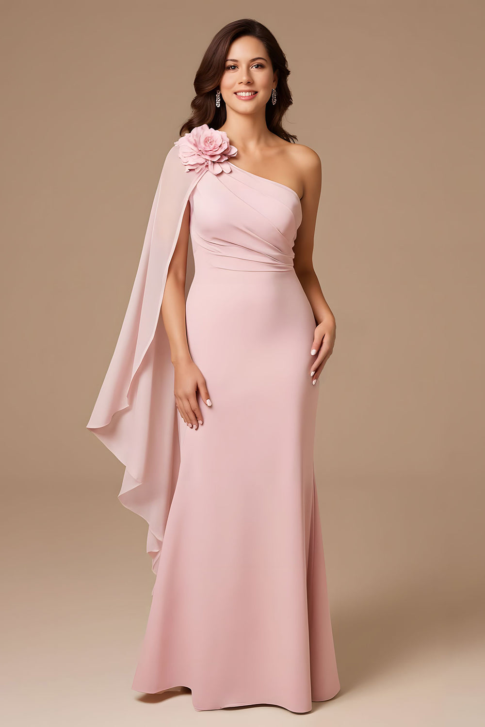 Candy Pink Chiffon Ruched Sheath Long Floral Wedding Guest Dress with Cape