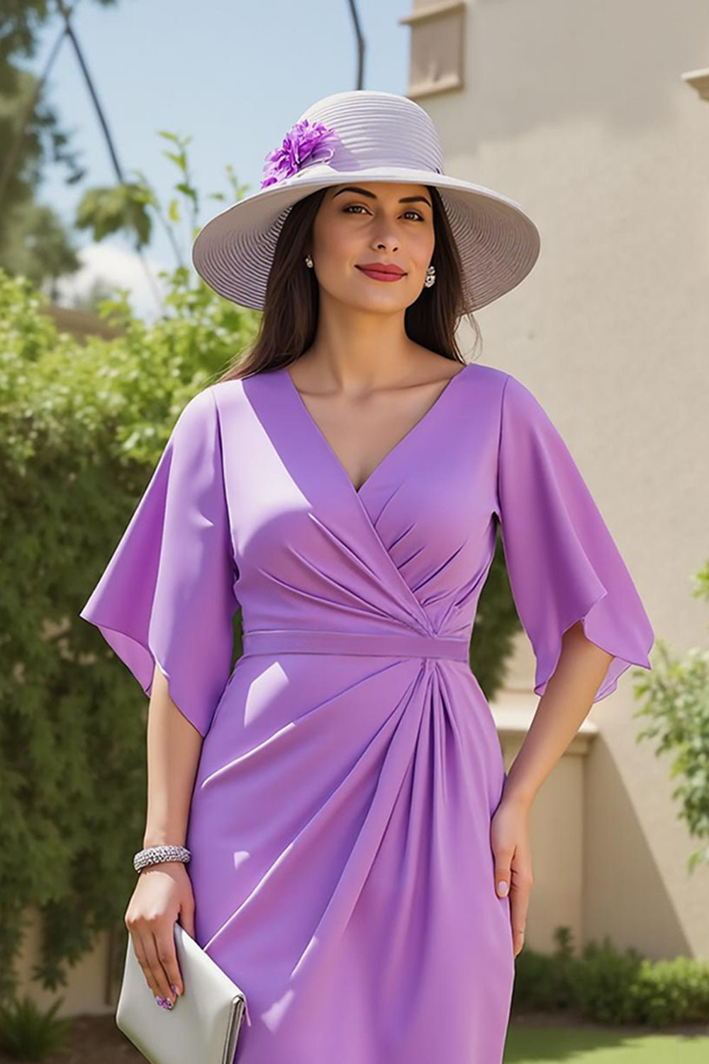 Purple Ruched Sheath Midi Wedding Guest Dress with Sleeves