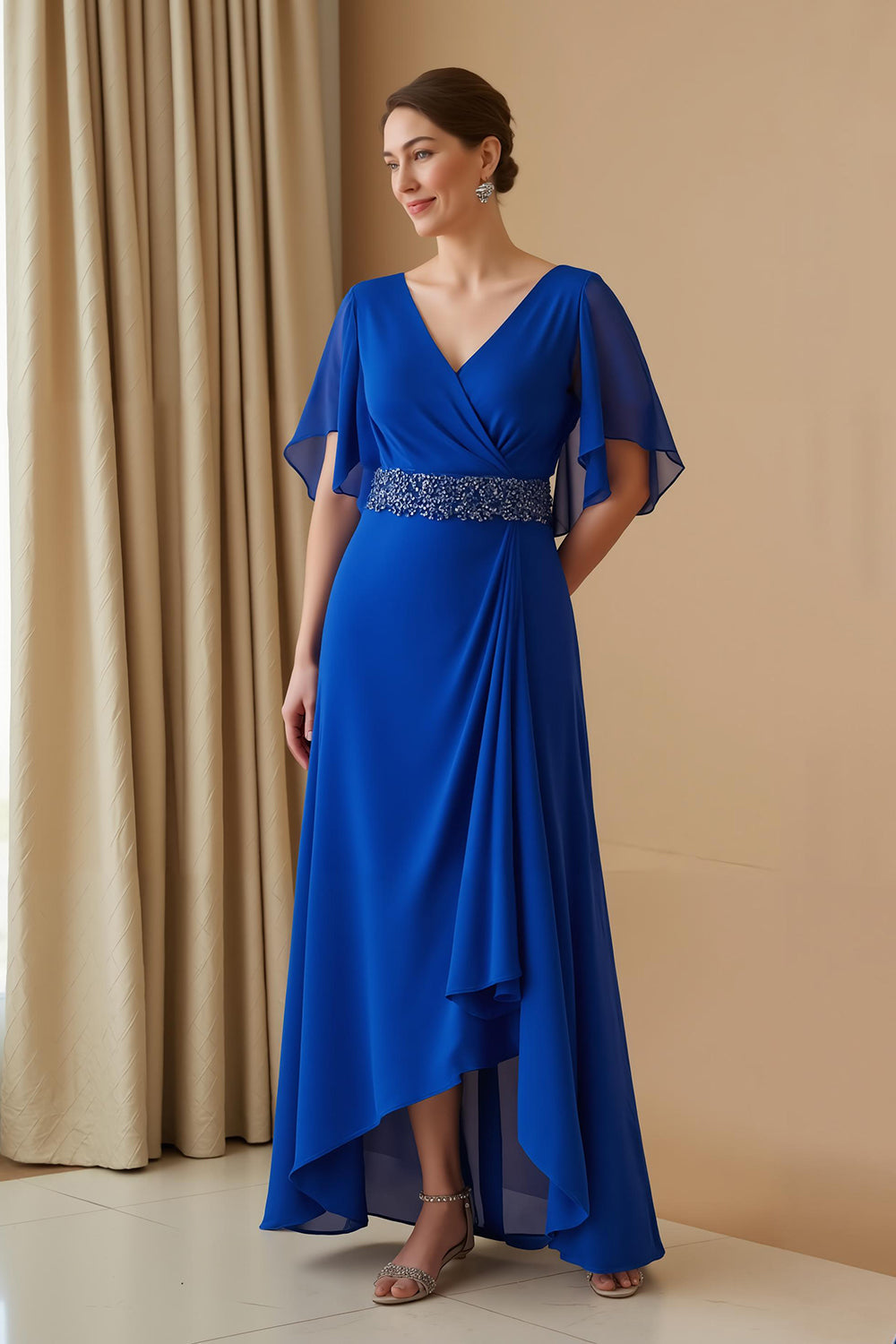 Royal Blue Sheath Chiffon V-Neck Long Wedding Guest Dress with Beading