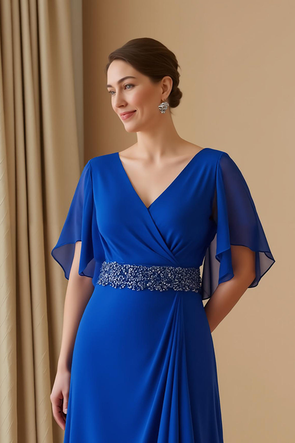 Royal Blue Sheath Chiffon V-Neck Long Wedding Guest Dress with Beading