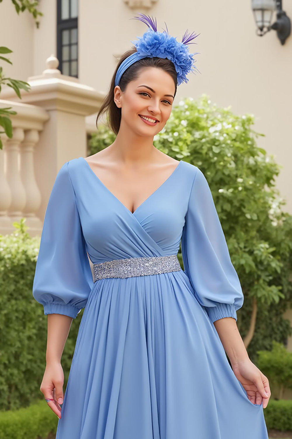 Dusty Blue Chiffon A Line V-Neck Long Wedding Guest Dress with Beading