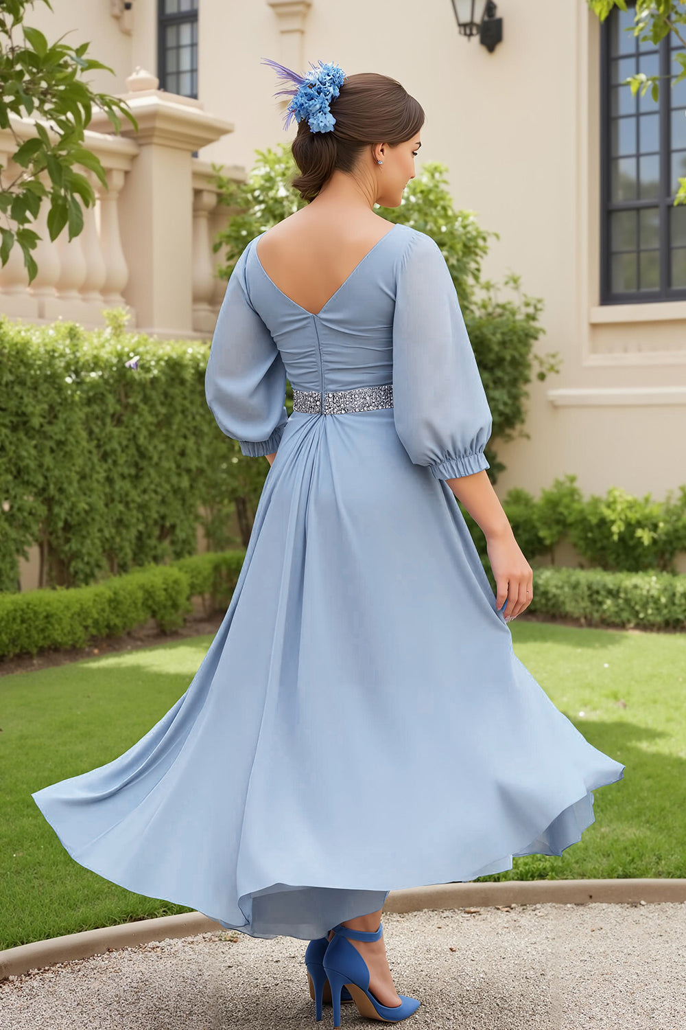 Dusty Blue Chiffon A Line V-Neck Long Wedding Guest Dress with Beading