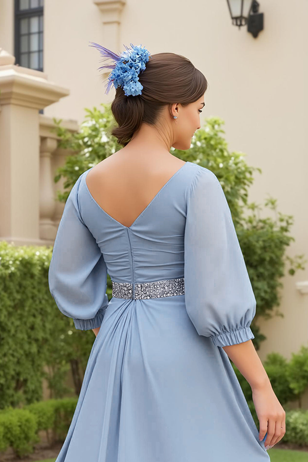 Dusty Blue Chiffon A Line V-Neck Long Wedding Guest Dress with Beading
