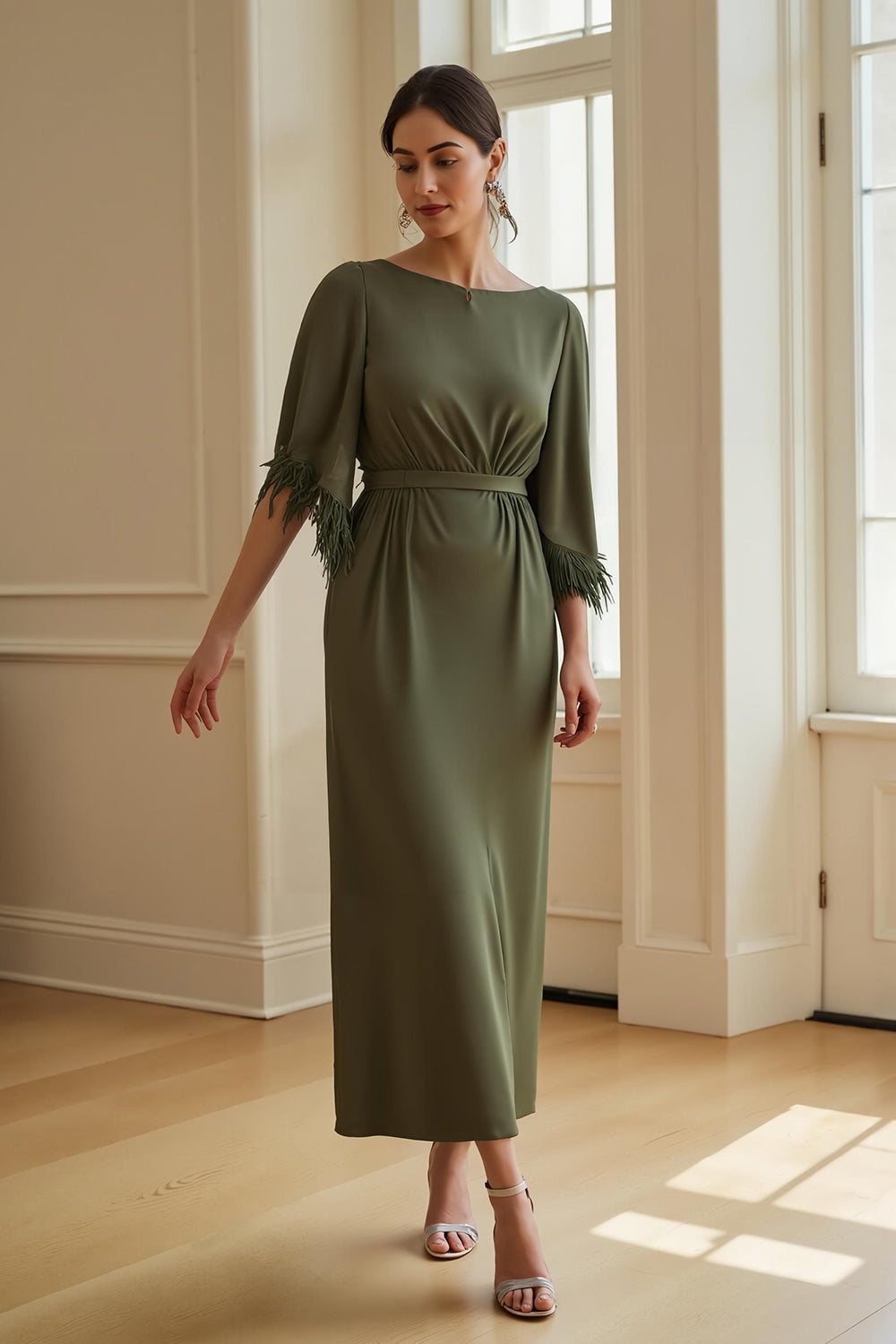 Olive Sheath Boat Neck Long Wedding Guest Dress with Feathers
