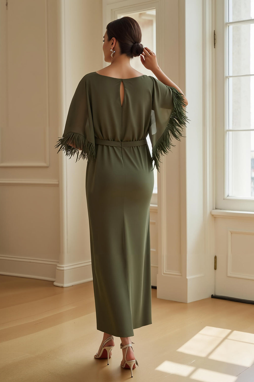 Olive Sheath Boat Neck Long Wedding Guest Dress with Feathers
