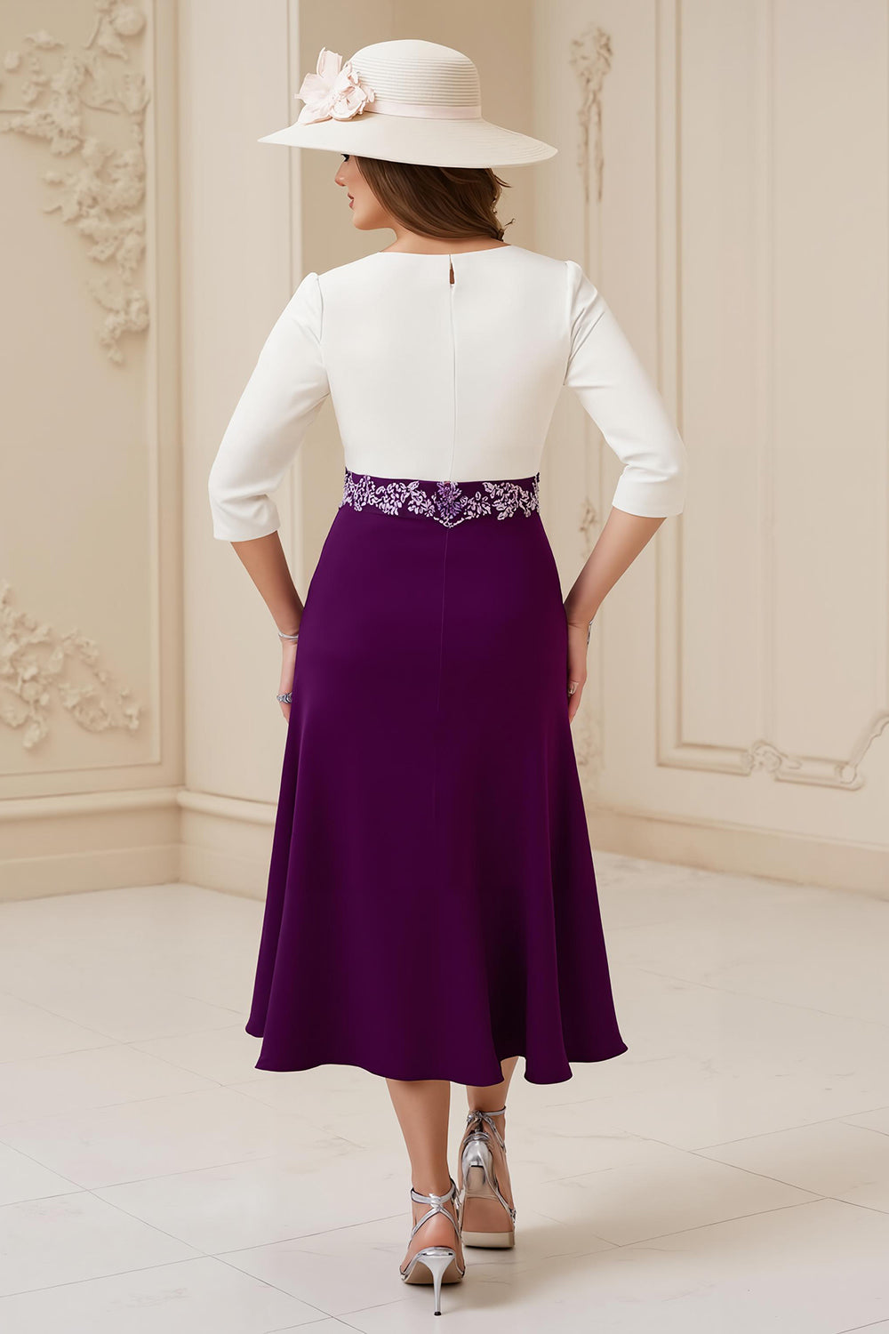 Navy A Line Boat Neck Midi Wedding Guest Dress with Appliques