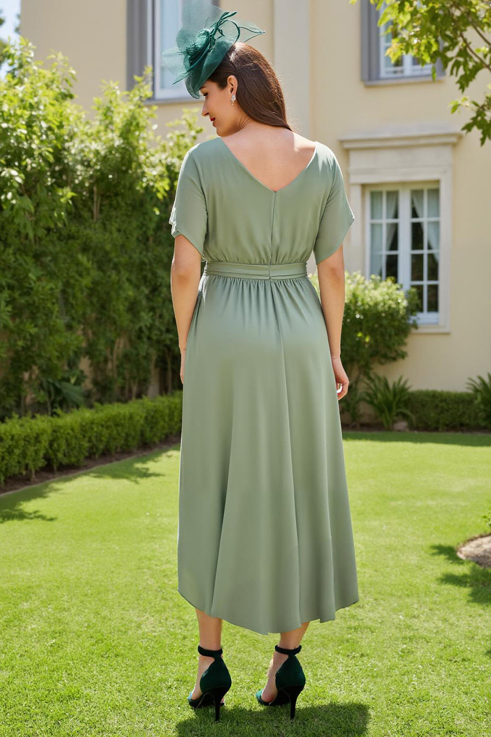 Eucalyptus Sheath Boat Neck Long Wedding Guest Dress with Sleeves