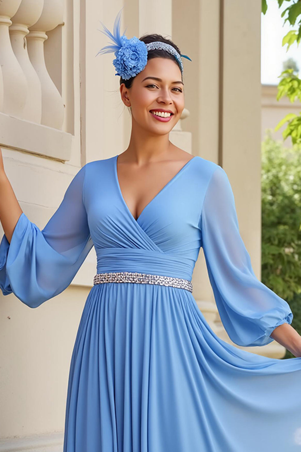 Light Blue Chiffon A Line V-Neck Long Wedding Guest Dress with Beading