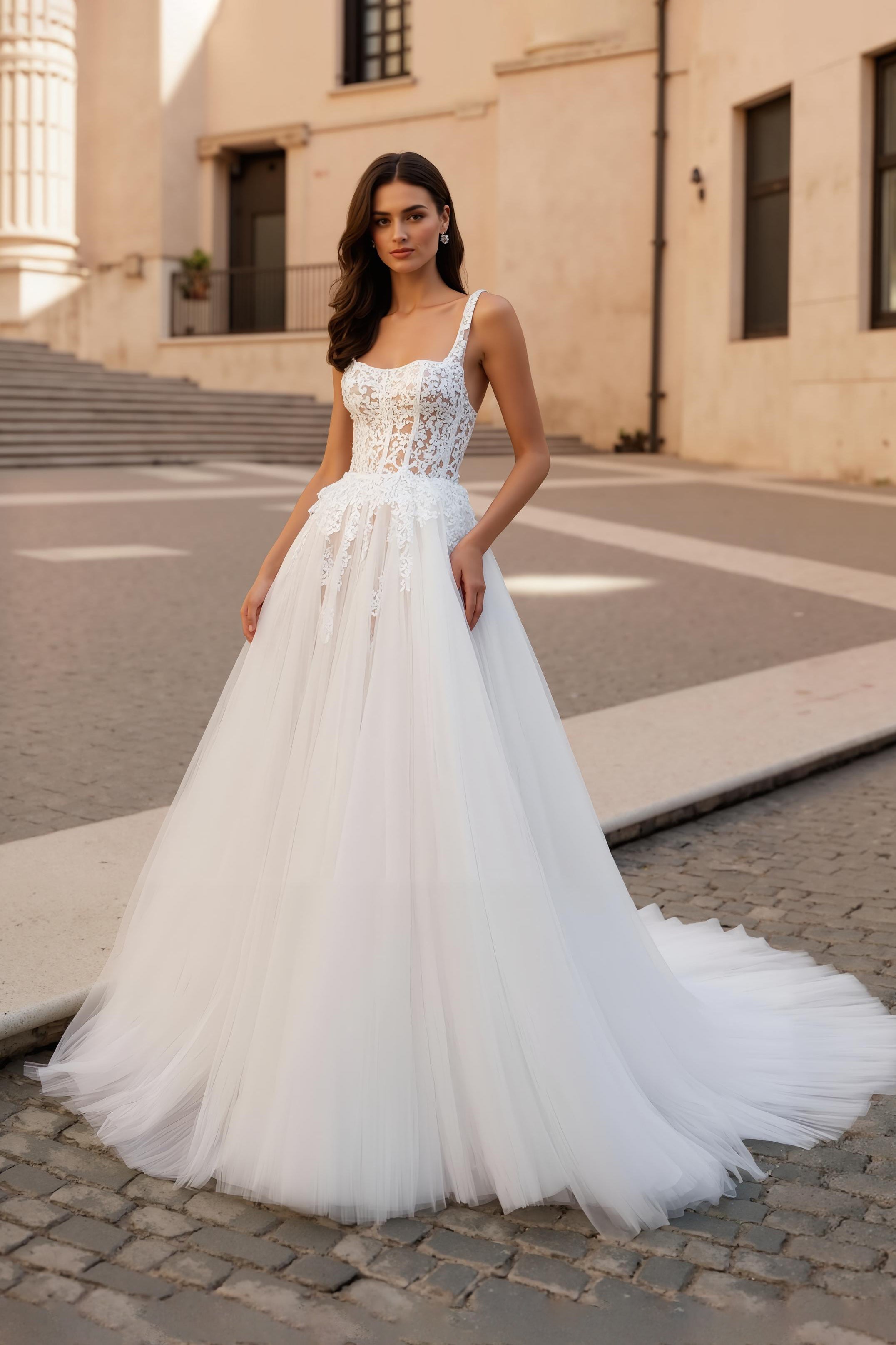 Ivory Tulle Square Neck Ball Gown Sweep Train Wedding Dress with Lace