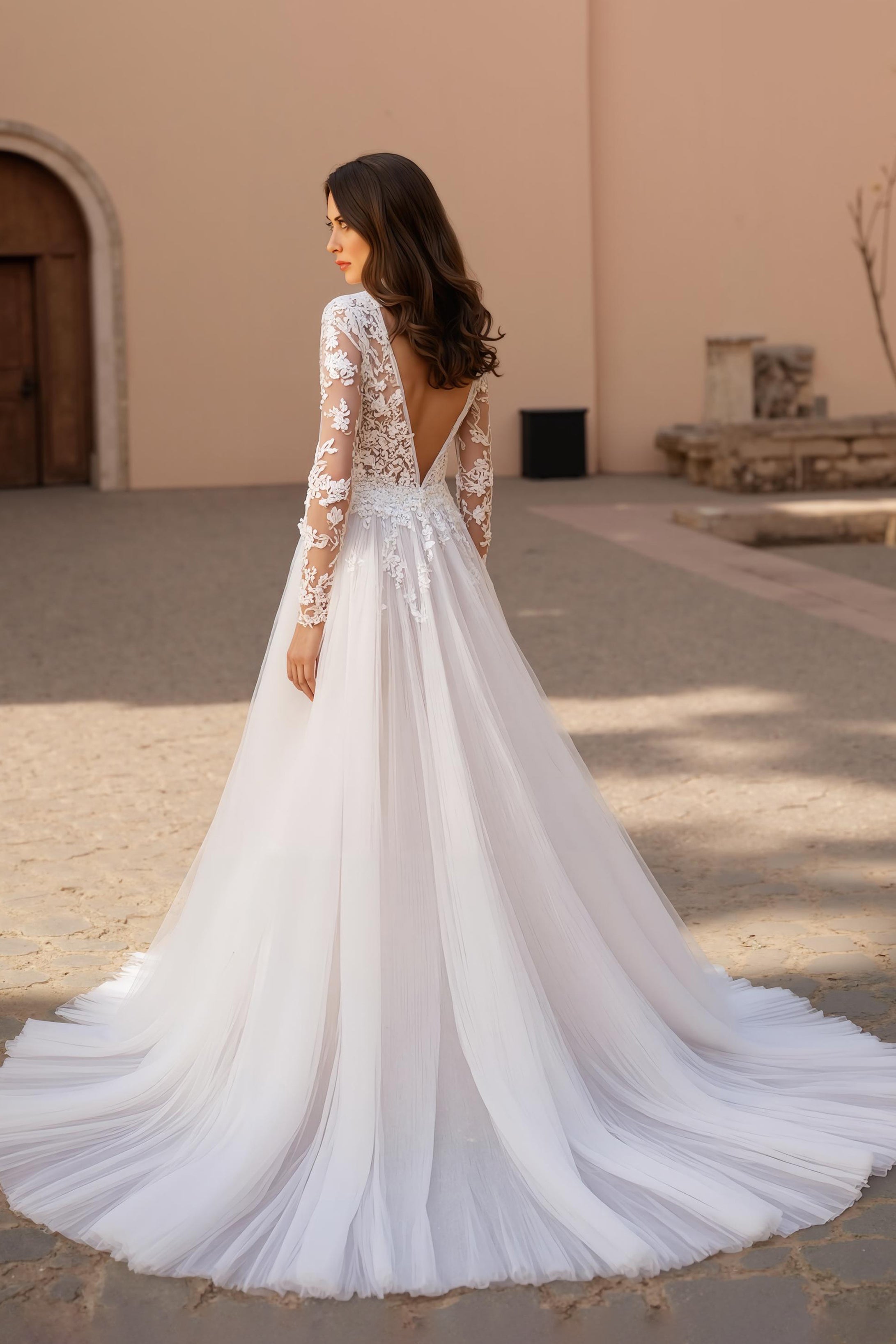 Ivory Ball Gown V-Neck Sweep Train Tulle Wedding Dress with Lace