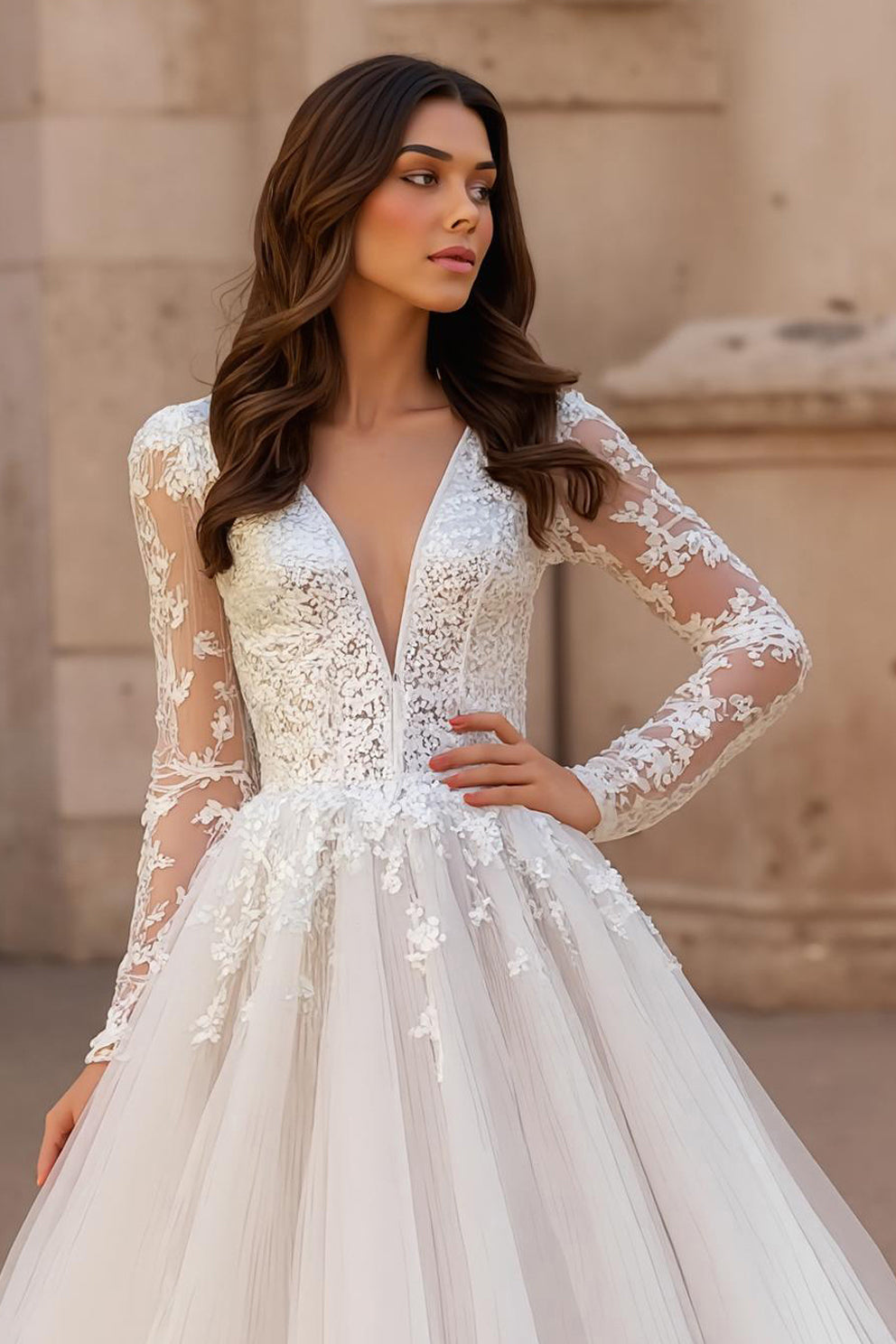 Ivory Ball Gown V-Neck Sweep Train Tulle Wedding Dress with Lace