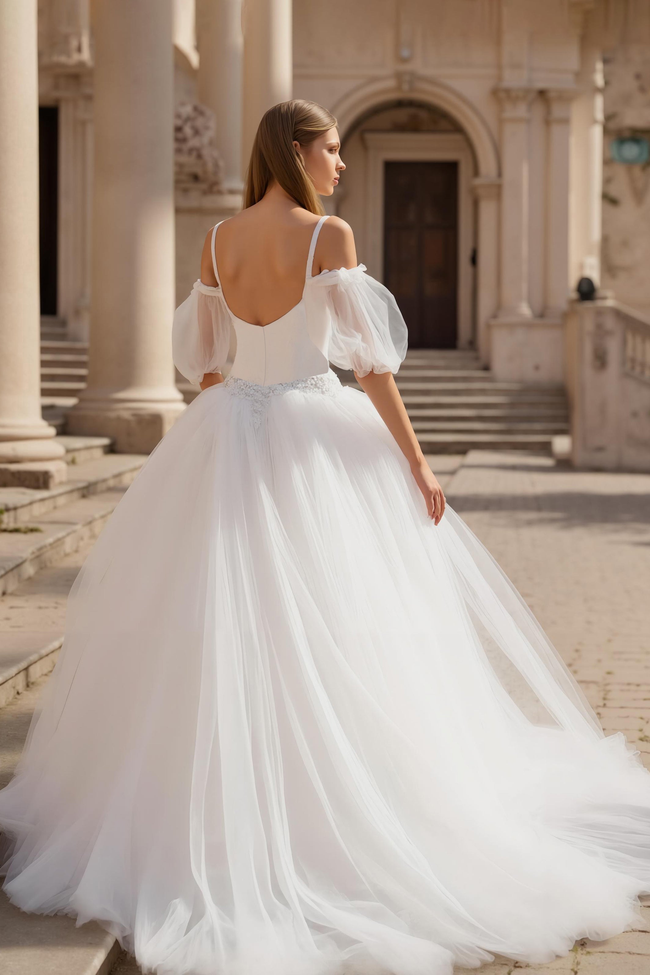 Ivory Cold Shoulder Puff Sleeves Sweep Train Wedding Dress with Lace
