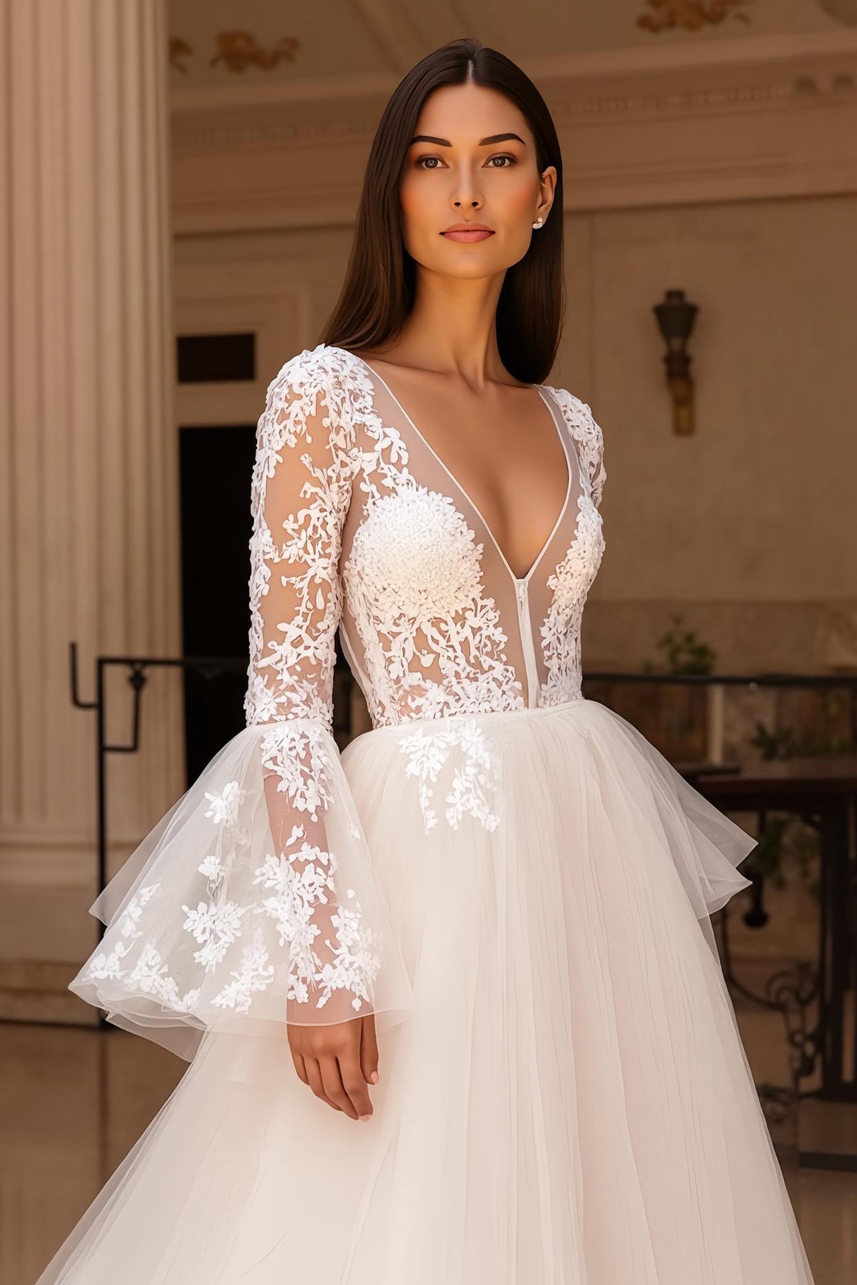 Ruffled Long Sleeves Ivory Sweep Train Wedding Dress with Slit