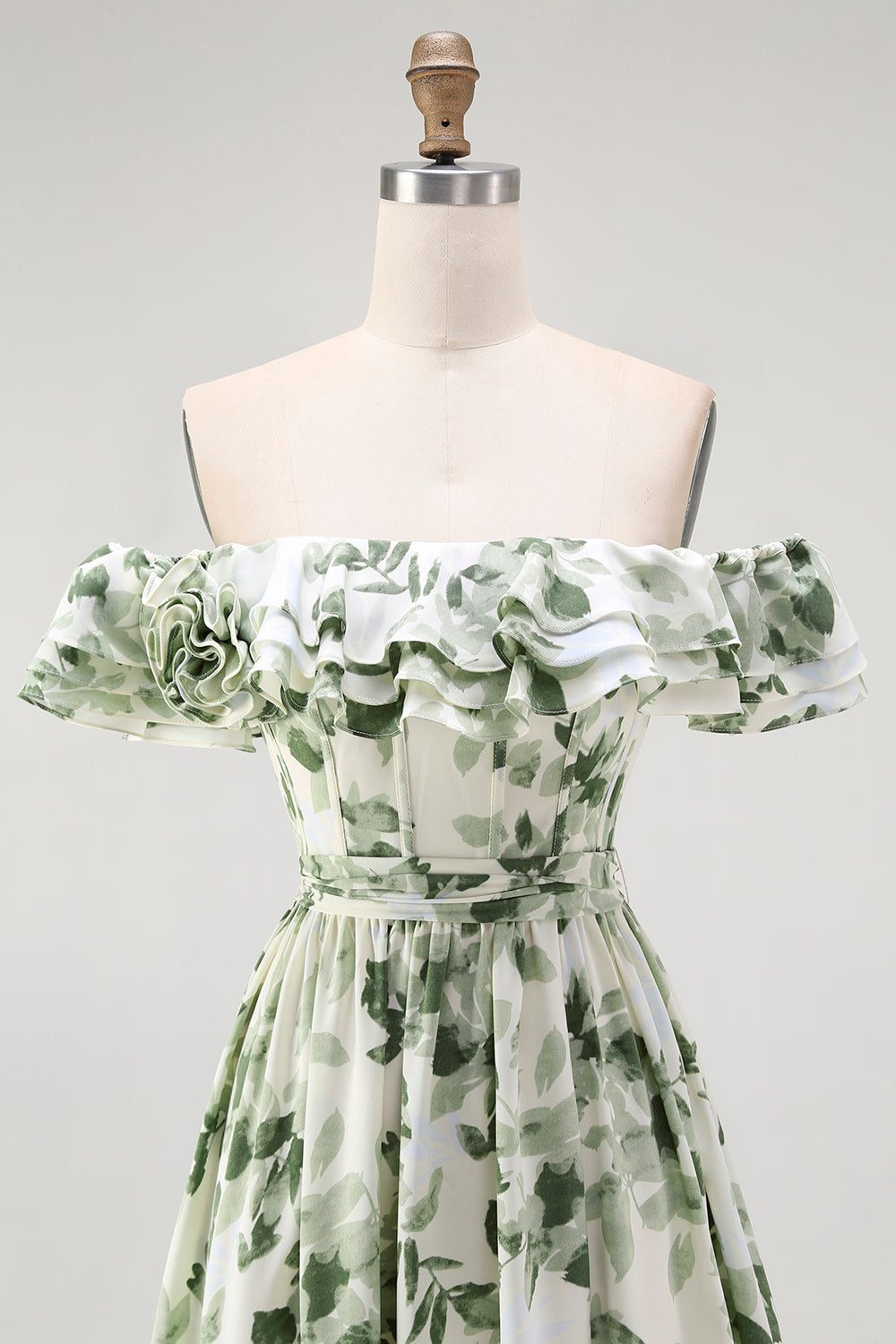 Green Chiffon Floral Off the Shoulder A-Line Long Wedding Guest Dress