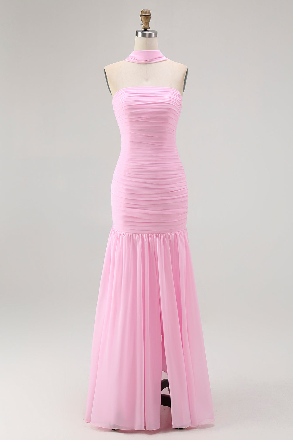 Blush Strapless Chiffon Ruched Neck Scarf Mermaid Long Wedding Guest Dress