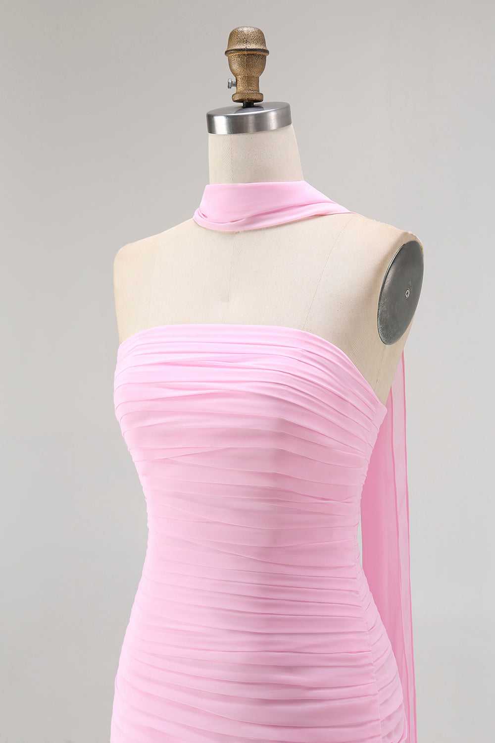 Blush Strapless Chiffon Ruched Neck Scarf Mermaid Long Wedding Guest Dress