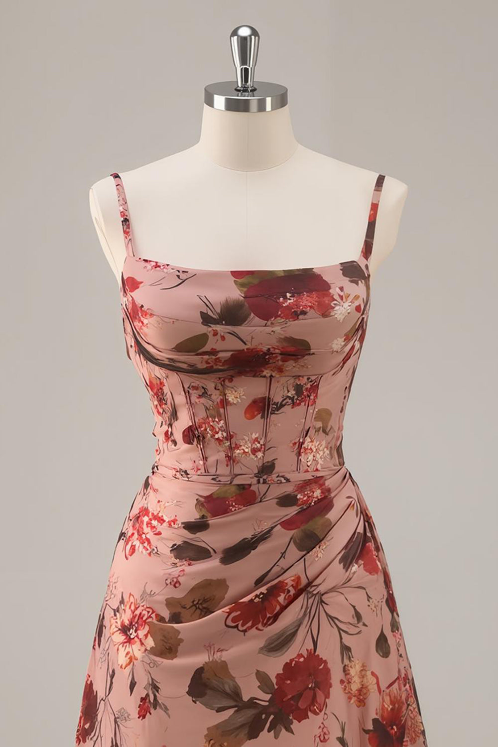 Dusty Rose Floral Ruched Chiffon Short Corset Homecoming Dress