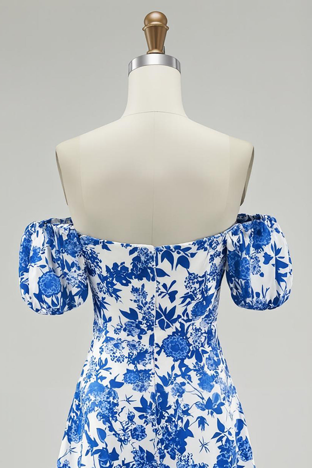 Blue Floral Chiffon Off the Shoulder Short Homecoming Dress with Sleeves