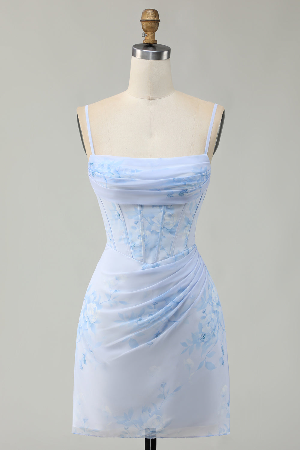 Light Blue Floral Tight Ruched Short Corset Homecoming Dress