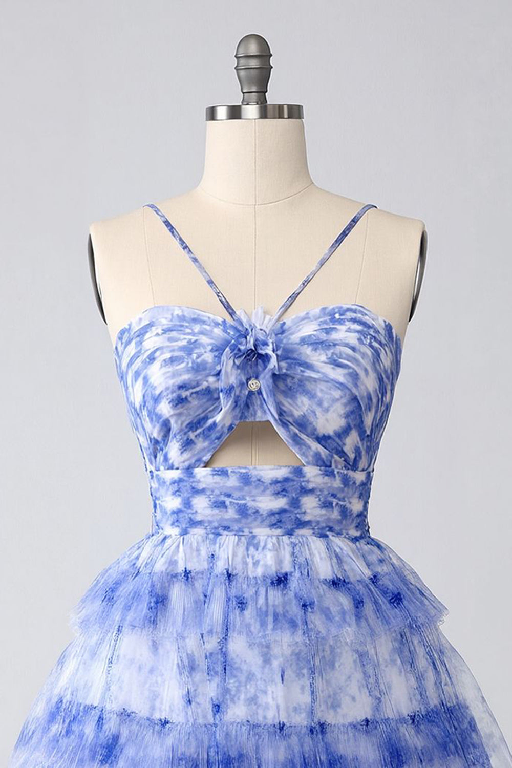 Blue Tiered Keyhole Floral Short Homecoming Dress with Ruffles
